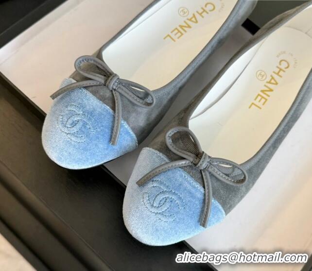 Top Design Chanel Velvet Ballet Flats Light Grey/Blue 7230039