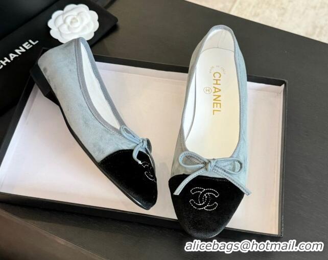 Discount Chanel Velvet Ballet Flats Pale Blue/Black 7230040