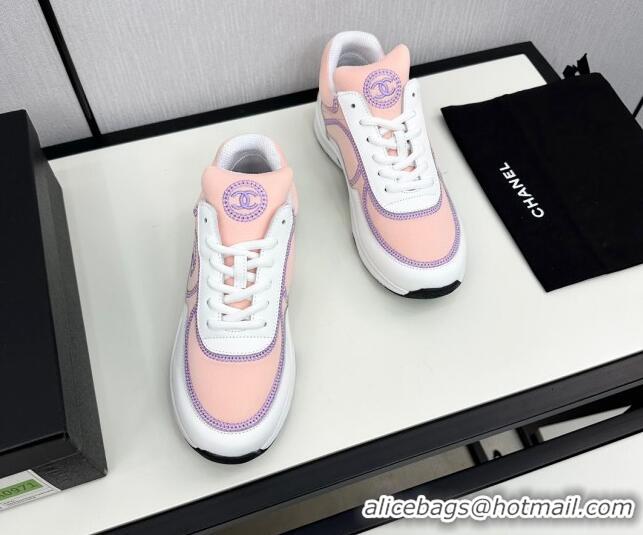 Classic Hot Chanel Fabric & Leather Sneakers with Stitching Light Pink 7230055