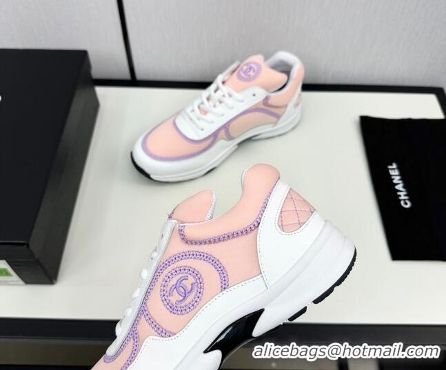 Classic Hot Chanel Fabric & Leather Sneakers with Stitching Light Pink 7230055