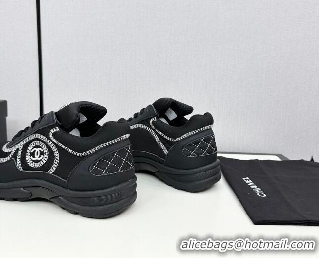 Good Quality Chanel Fabric & Leather Sneakers with Stitching Black 7230056