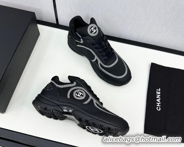 Good Quality Chanel Fabric & Leather Sneakers with Stitching Black 7230056