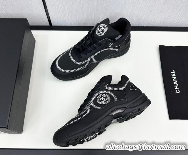 Good Quality Chanel Fabric & Leather Sneakers with Stitching Black 7230056