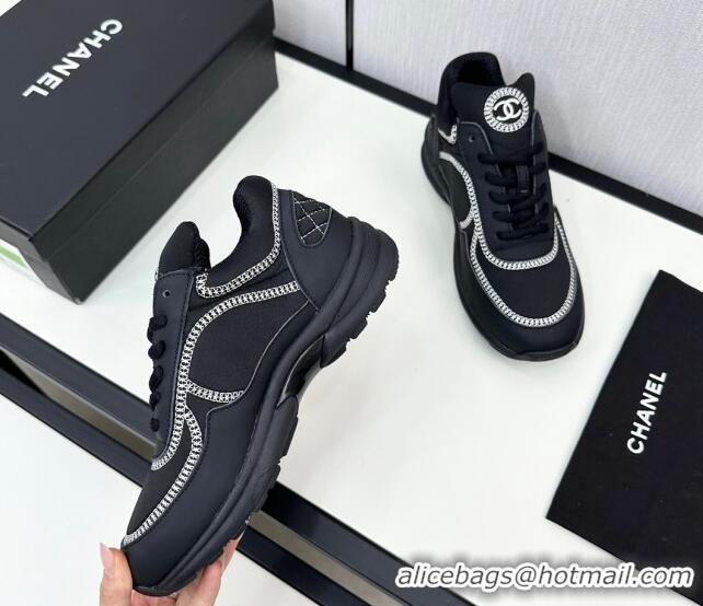 Good Quality Chanel Fabric & Leather Sneakers with Stitching Black 7230056