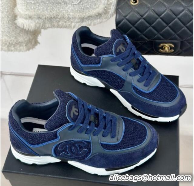 Shop Cheap Chanel Wool Tweed, Calfskin & Suede Sneakers Navy Blue 7230061