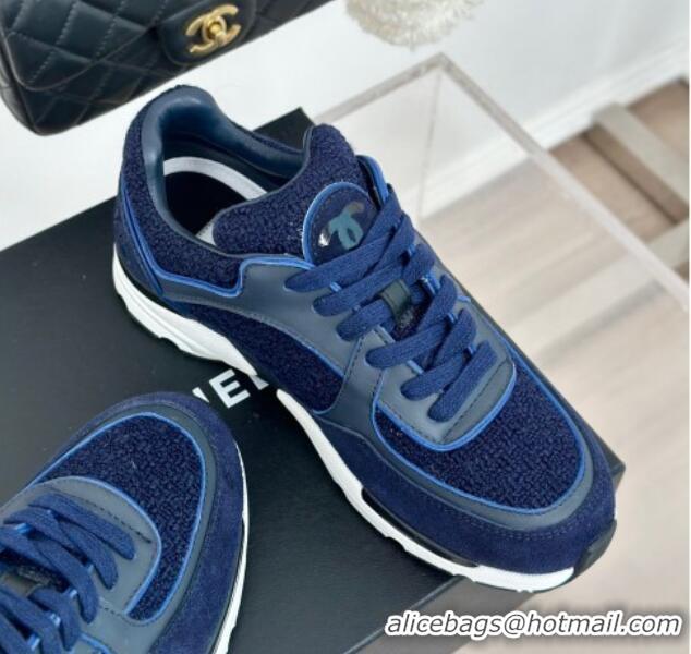 Shop Cheap Chanel Wool Tweed, Calfskin & Suede Sneakers Navy Blue 7230061