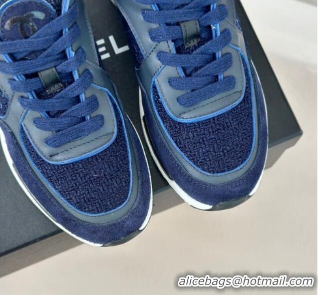 Shop Cheap Chanel Wool Tweed, Calfskin & Suede Sneakers Navy Blue 7230061