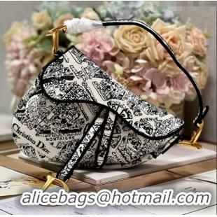 Super Quality Dior Medium Saddle Bag in Plan De Paris Embroidery M0158L White/Black 2024