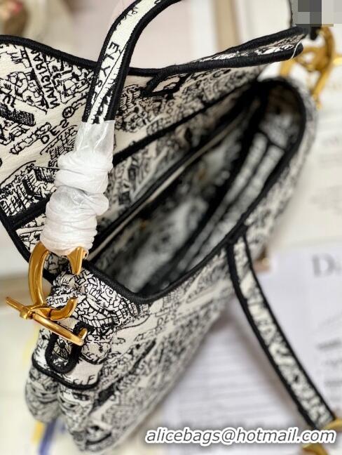 Super Quality Dior Medium Saddle Bag in Plan De Paris Embroidery M0158L White/Black 2024