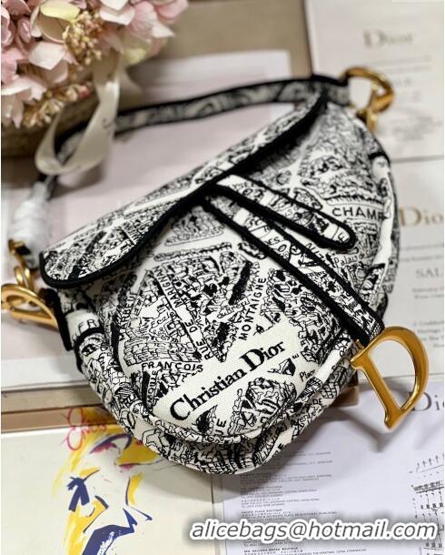 Super Quality Dior Medium Saddle Bag in Plan De Paris Embroidery M0158L White/Black 2024