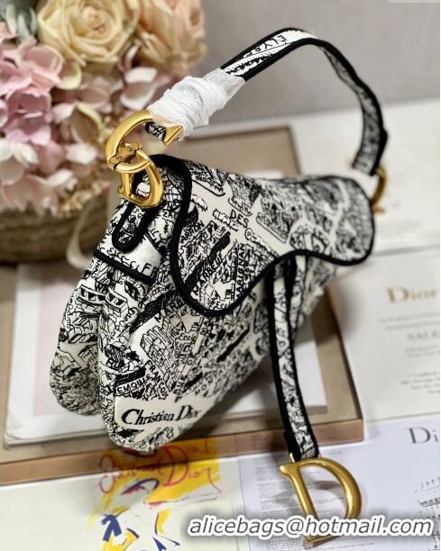 Super Quality Dior Medium Saddle Bag in Plan De Paris Embroidery M0158L White/Black 2024