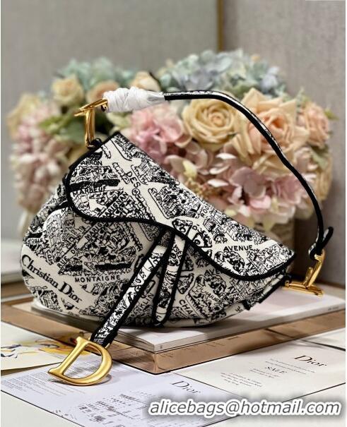 Super Quality Dior Medium Saddle Bag in Plan De Paris Embroidery M0158L White/Black 2024