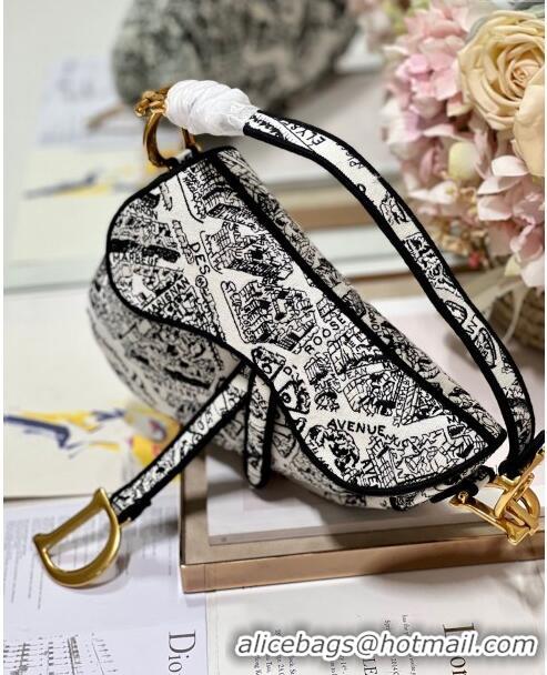 Super Quality Dior Medium Saddle Bag in Plan De Paris Embroidery M0158L White/Black 2024