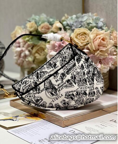 Super Quality Dior Medium Saddle Bag in Plan De Paris Embroidery M0158L White/Black 2024