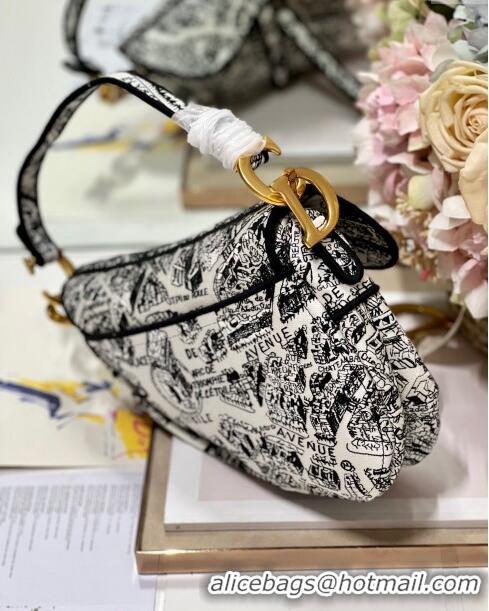 Super Quality Dior Medium Saddle Bag in Plan De Paris Embroidery M0158L White/Black 2024