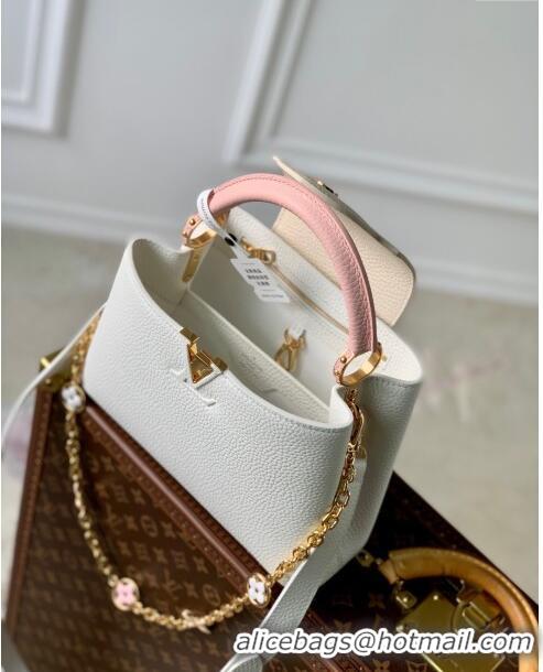 Super Quality Louis Vuitton Capucines BB Bag with Flower Chain in Taurillon Leather M20708 White/Pink 2024