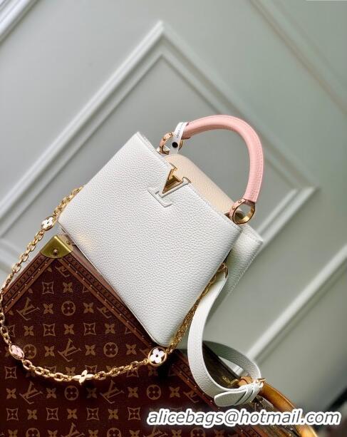 Super Quality Louis Vuitton Capucines BB Bag with Flower Chain in Taurillon Leather M20708 White/Pink 2024