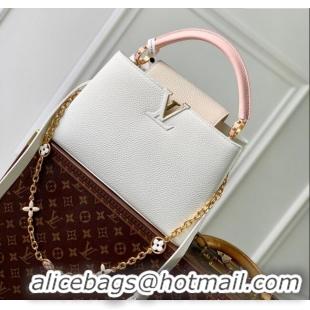 Shop Grade Louis Vuitton Capucines MM Bag with Flower Chain in Taurillon Leather M20708 White/Pink 2024