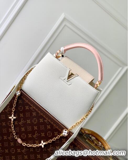 Shop Grade Louis Vuitton Capucines MM Bag with Flower Chain in Taurillon Leather M20708 White/Pink 2024