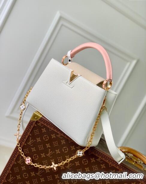 Shop Grade Louis Vuitton Capucines MM Bag with Flower Chain in Taurillon Leather M20708 White/Pink 2024