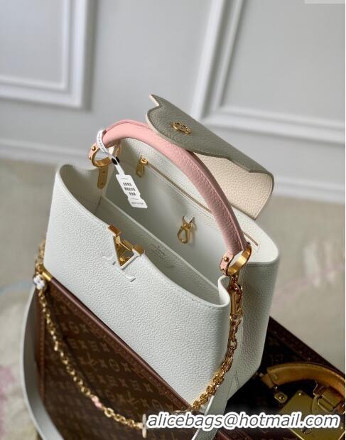 Shop Grade Louis Vuitton Capucines MM Bag with Flower Chain in Taurillon Leather M20708 White/Pink 2024