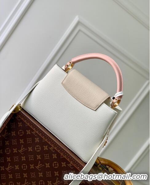 Shop Grade Louis Vuitton Capucines MM Bag with Flower Chain in Taurillon Leather M20708 White/Pink 2024