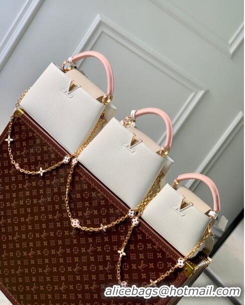 Shop Grade Louis Vuitton Capucines MM Bag with Flower Chain in Taurillon Leather M20708 White/Pink 2024