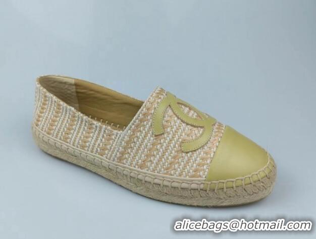 Charming Chanel Tweed & Lambskin Espadrilles Flat Lemon Green 815117