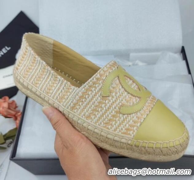 Charming Chanel Tweed & Lambskin Espadrilles Flat Lemon Green 815117