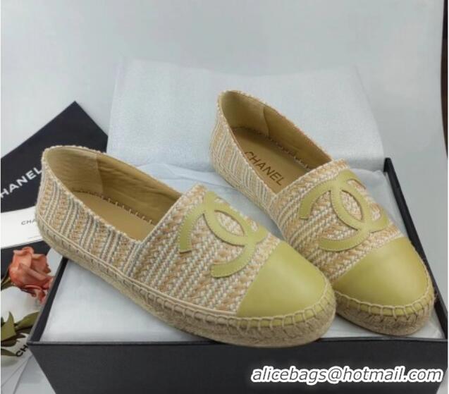 Charming Chanel Tweed & Lambskin Espadrilles Flat Lemon Green 815117