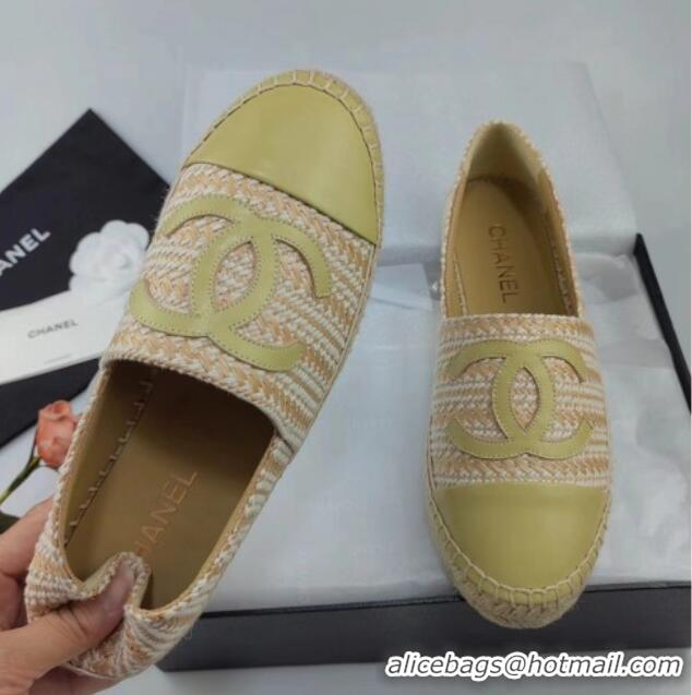 Charming Chanel Tweed & Lambskin Espadrilles Flat Lemon Green 815117