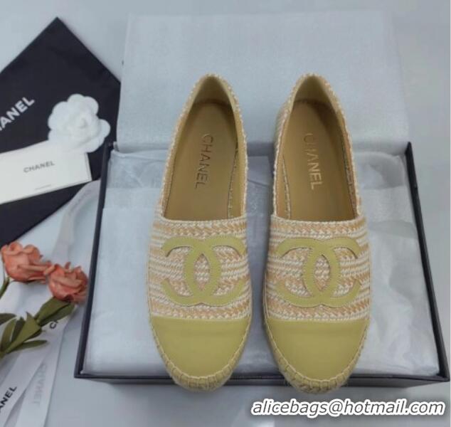 Charming Chanel Tweed & Lambskin Espadrilles Flat Lemon Green 815117