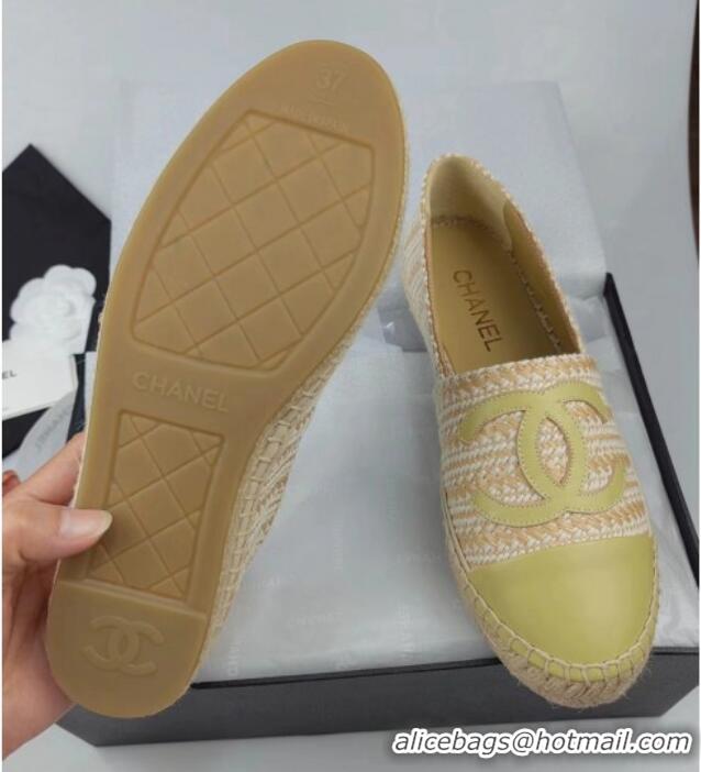 Charming Chanel Tweed & Lambskin Espadrilles Flat Lemon Green 815117