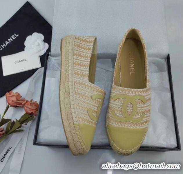 Charming Chanel Tweed & Lambskin Espadrilles Flat Lemon Green 815117