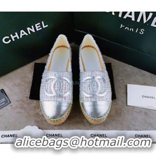 Buy Luxury Chanel Tweed & Lambskin Espadrilles Flat Silver 815119