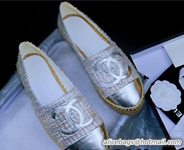 Buy Luxury Chanel Tweed & Lambskin Espadrilles Flat Silver 815119