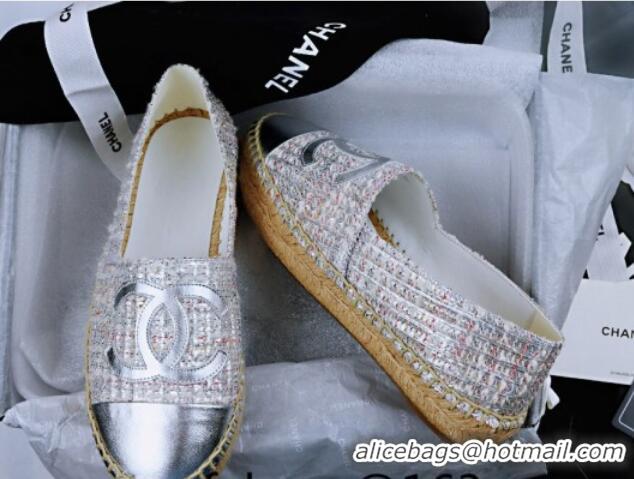 Buy Luxury Chanel Tweed & Lambskin Espadrilles Flat Silver 815119