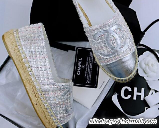 Buy Luxury Chanel Tweed & Lambskin Espadrilles Flat Silver 815119