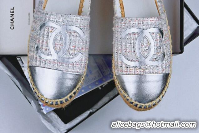 Buy Luxury Chanel Tweed & Lambskin Espadrilles Flat Silver 815119