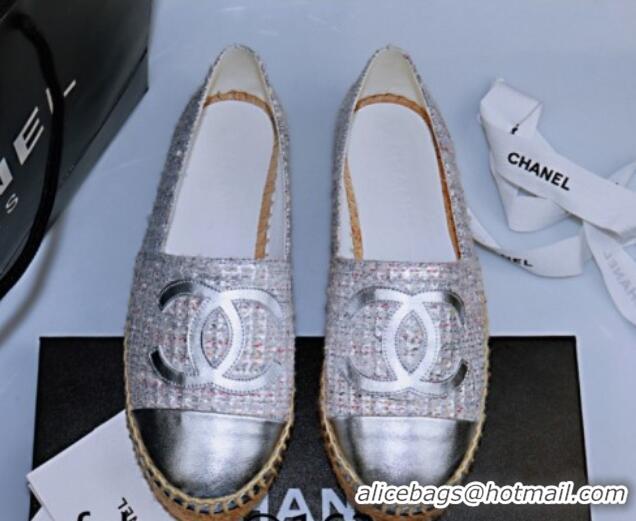 Buy Luxury Chanel Tweed & Lambskin Espadrilles Flat Silver 815119