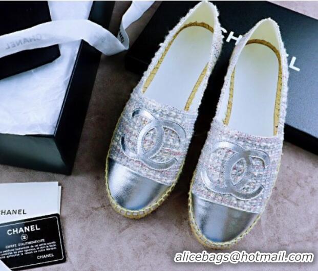 Buy Luxury Chanel Tweed & Lambskin Espadrilles Flat Silver 815119