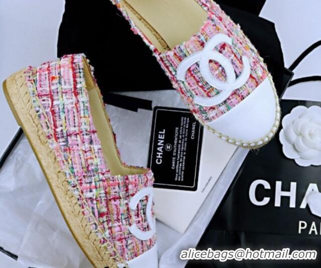 Shop Duplicate Chanel Tweed & Lambskin Espadrilles Flat Pink/White 815120