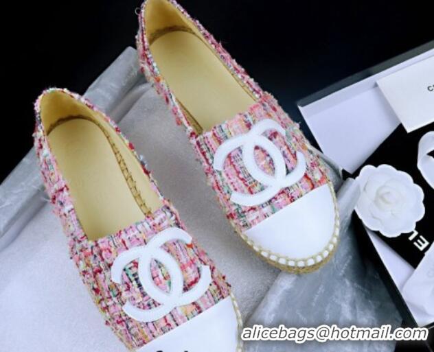 Shop Duplicate Chanel Tweed & Lambskin Espadrilles Flat Pink/White 815120