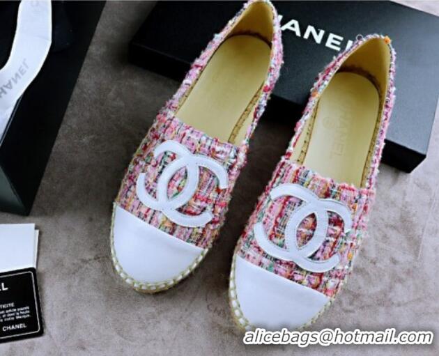 Shop Duplicate Chanel Tweed & Lambskin Espadrilles Flat Pink/White 815120