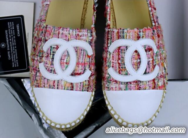 Shop Duplicate Chanel Tweed & Lambskin Espadrilles Flat Pink/White 815120