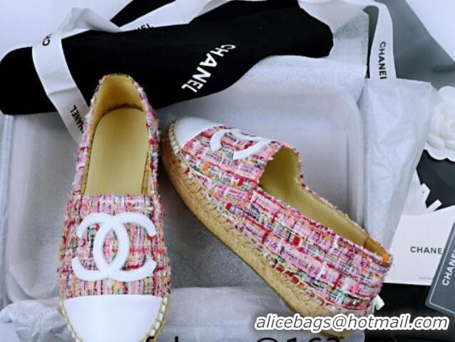 Shop Duplicate Chanel Tweed & Lambskin Espadrilles Flat Pink/White 815120