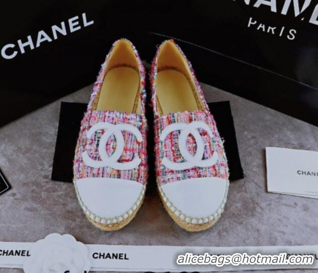 Shop Duplicate Chanel Tweed & Lambskin Espadrilles Flat Pink/White 815120