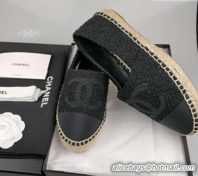 Top Grade Chanel Tweed & Grosgrain Espadrilles Flat Black 815121