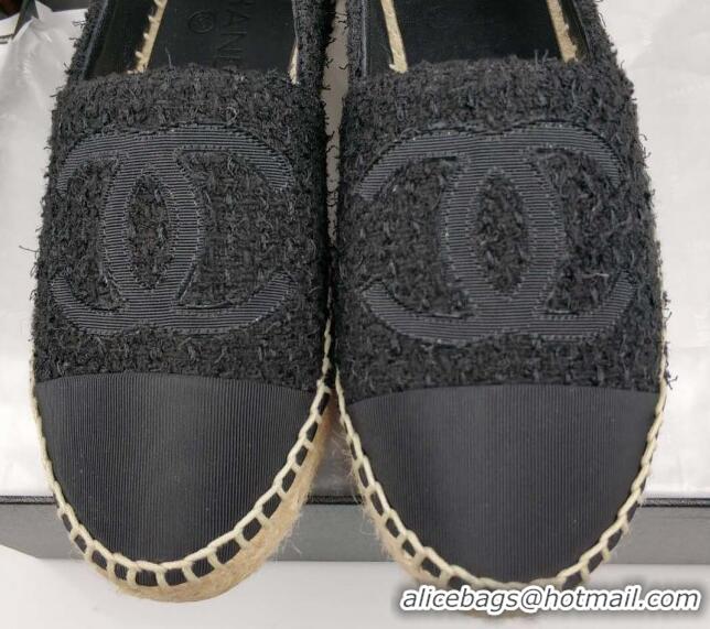 Top Grade Chanel Tweed & Grosgrain Espadrilles Flat Black 815121