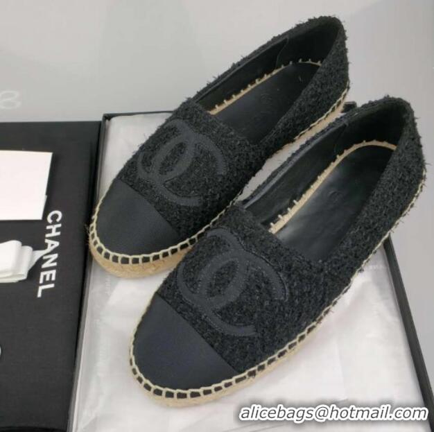 Top Grade Chanel Tweed & Grosgrain Espadrilles Flat Black 815121